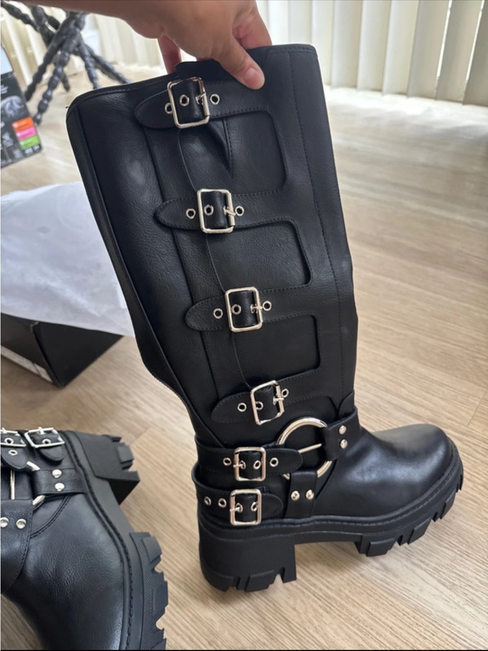 Fashion Nova Black Over-the-Knee Lug Boots with Buckles & Ring Detail - Picture 7 of 9